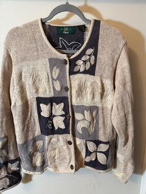 Orvis Beige and Gray Leaf-Appliqué Cardigan